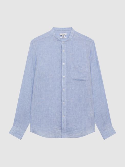Reiss Soft Blue Ocean Linen Grandad Collar Shirt