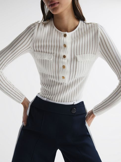 Reiss Ivory Pippa Sheer Striped Long Sleeve Top