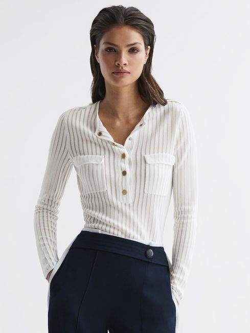 Reiss Ivory Pippa Sheer Striped Long Sleeve Top