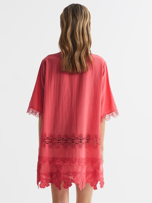 Embroidered Kaftan in Coral
