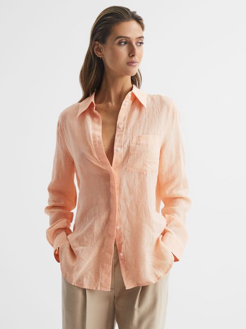 Reiss Peach Campbell Linen Long Sleeve Shirt