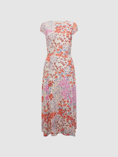 Reiss Coral White Luna Petite Floral Print Cap Sleeve Dress