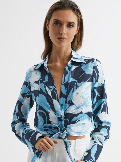 Reiss Dahlia Print Linen Cropped Tie Front Blouse | REISS USA