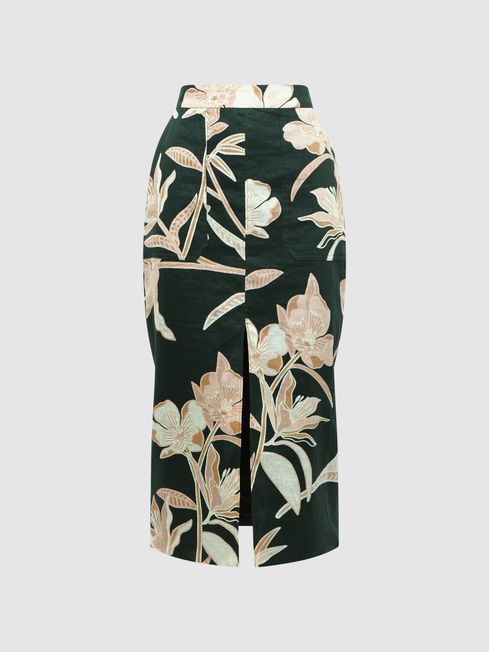 Floral Print High Rise Midi Skirt in Khaki REISS Canada