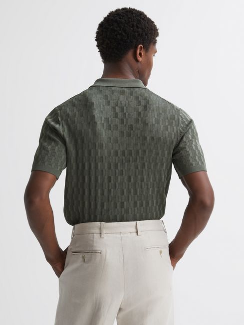 Reiss Sage Green Ubud Half-Zip Textured Polo T-Shirt