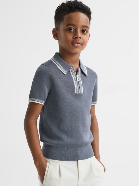 Reiss Ashley Blue Regency Junior Half-Zip Striped T-Shirt