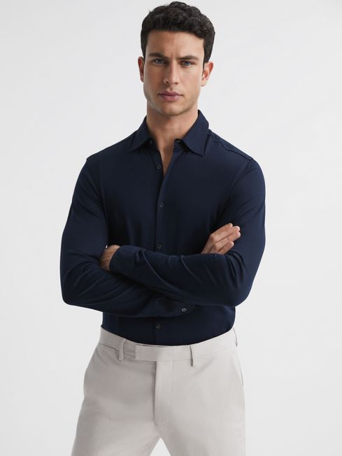Reiss Navy King Mercerised Cotton Button-Through Shirt