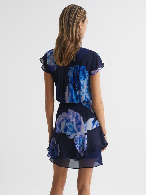 Reiss Black/Blue Macey Floral Print Wrap Dress