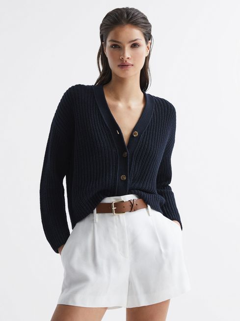 Reiss Navy Adeena Cotton-Linen Blend Knit Cardigan