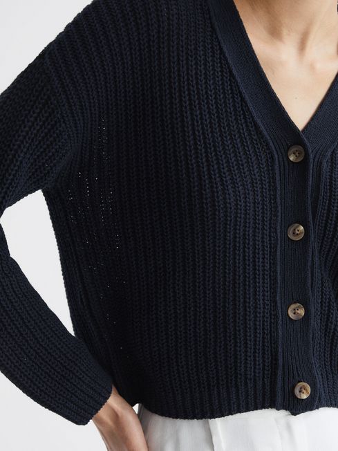 Reiss Navy Adeena Cotton-Linen Blend Knit Cardigan