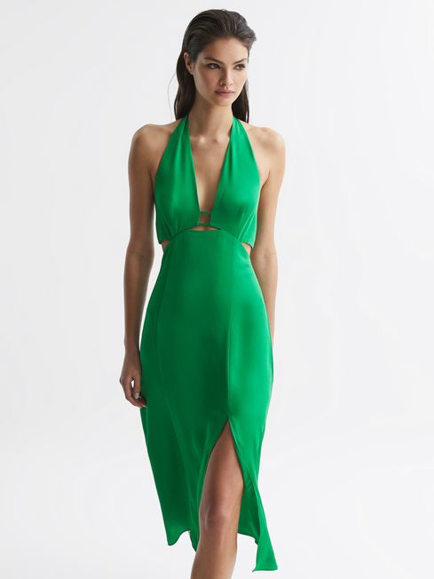 Reiss Green Maia Fitted Halter Neck Midi Dress