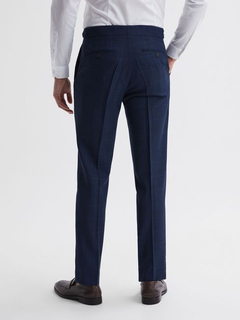 Slim Fit Wool Check Trousers in Navy