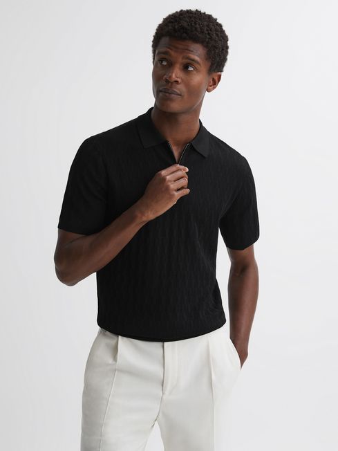 Reiss Black Ubud Half-Zip Textured Polo T-Shirt