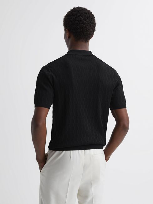 Reiss Black Ubud Half-Zip Textured Polo T-Shirt
