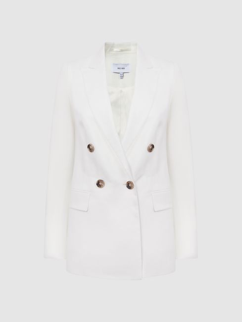 Reiss White Hollie Petite Double Breasted Linen Blazer