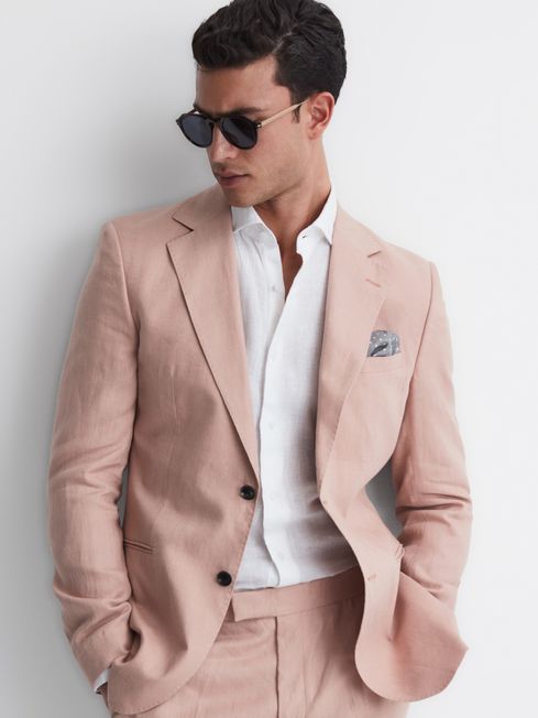 Slim Fit Single Breasted Linen Blazer in Blush