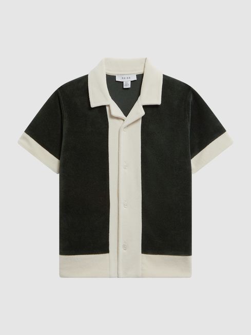 Reiss Green/Ecru Vine Senior Textured Cuban Collar Shirt
