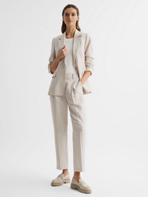 Reiss Oatmeal Shae Taper Tapered Linen Trousers