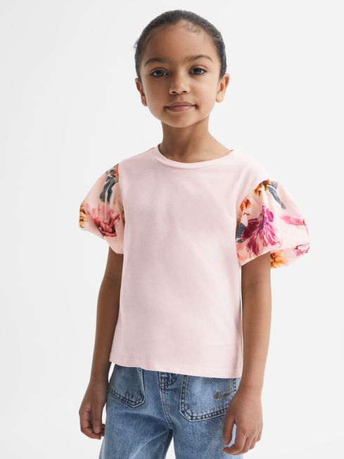 Reiss Ivory Amira Junior Floral Print Puff Sleeve T-Shirt