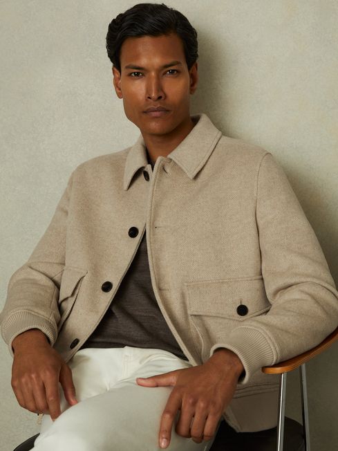 Reiss Bak Oatmeal Herringbone Bak Wool Blend Jacket XL Light Beige