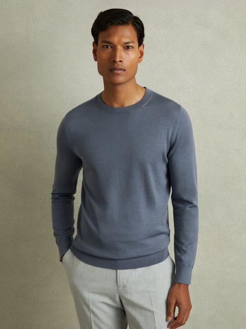 Reiss Airforce Blue Wessex Merino Wool Crew Neck Jumper