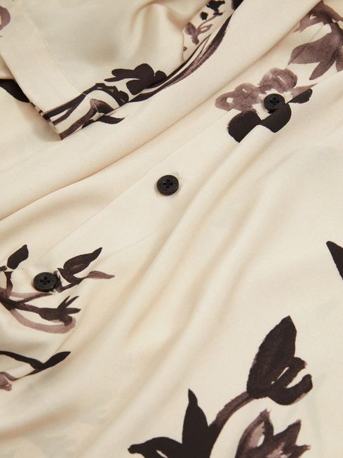 Reiss Off White/Black Babylon Relaxed Floral Print Cuban Collar Shirt