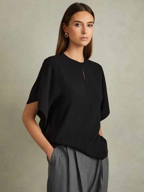 Reiss Black Tania Draped Sleeve Top