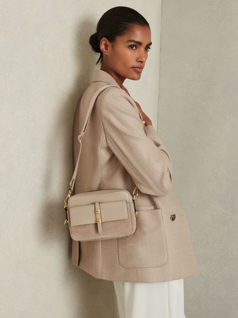 Orla Taupe Leather Suede Camera Bag REISS USA