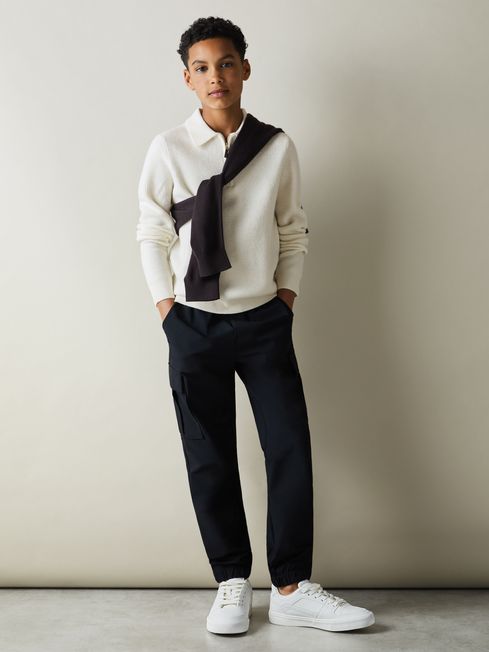 Reiss Off White Regis 3-9 yrs Merino Wool Quarter Zip Polo Shirt