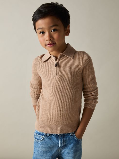 Reiss Soft Camel Brown Regis 3-9 yrs Merino Wool Quarter Zip Polo Shirt