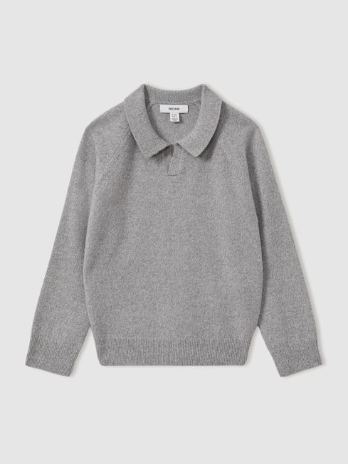 Reiss Grey Melange Grange Junior Wool-Cashmere Open Collar Polo Shirt