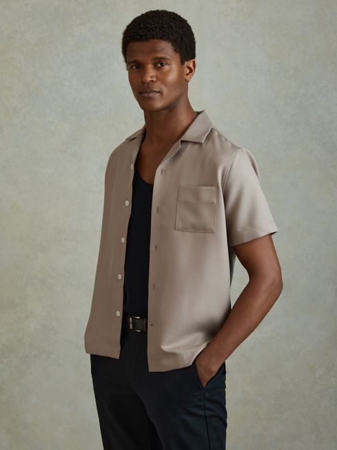 Reiss Mushroom Brown Tokyo Cuban Collar Button-Through Shirt