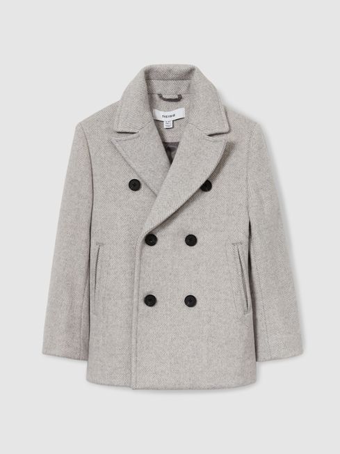 Reiss Soft Grey Melange Bergamo 3-9 yrs Wool-Blend Twill Double-Breasted Coat