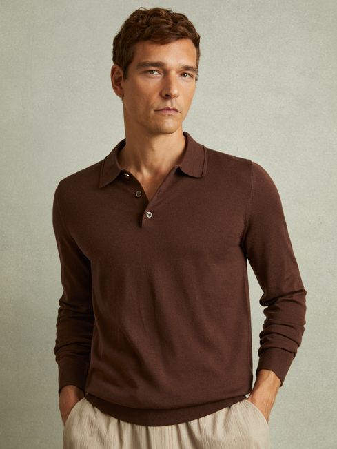 Reiss Treacle Brown Trafford Merino Wool Polo Shirt