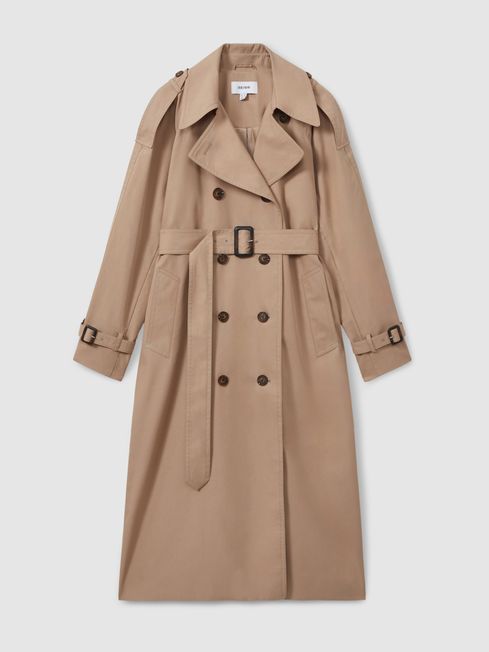 Jenna Camel Double Breasted Belted Trench Coat REISS USA