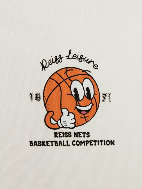 Senior Oversized Cotton Basketball Motif Crew Neck T-Shirt in Off White