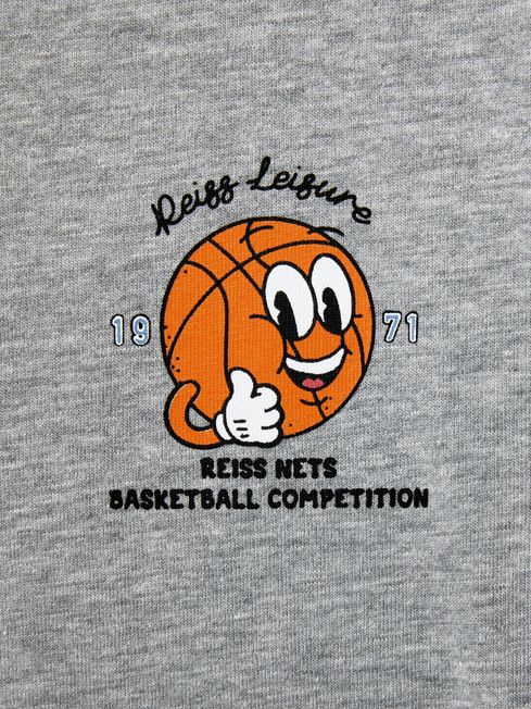 Senior Oversized Cotton Basketball Motif Crew Neck T-Shirt in Grey Melange