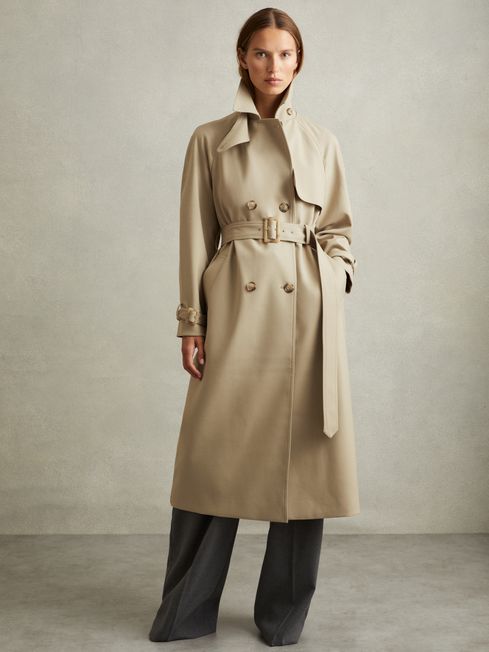 Reiss Khaki Darcie Double Breasted Belted Trench Coat