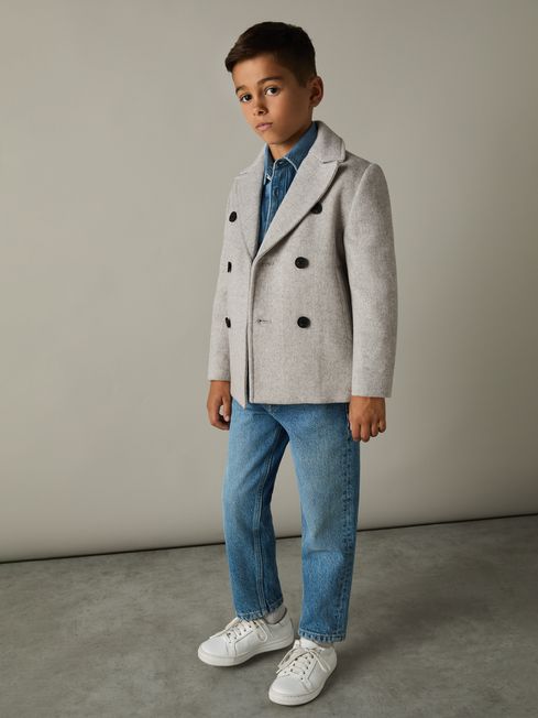 Wool Blend Twill Double Breasted Coat in Soft Grey Melange REISS Netherlands
