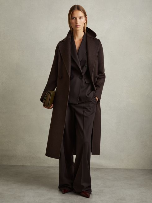 Reiss Chocolate Lucia Petite Wool Blend Double Breasted Blindseam Coat