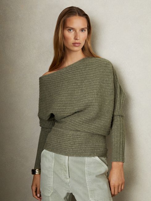 Wool Cashmere Off The Shoulder Draped Jumper in Sage