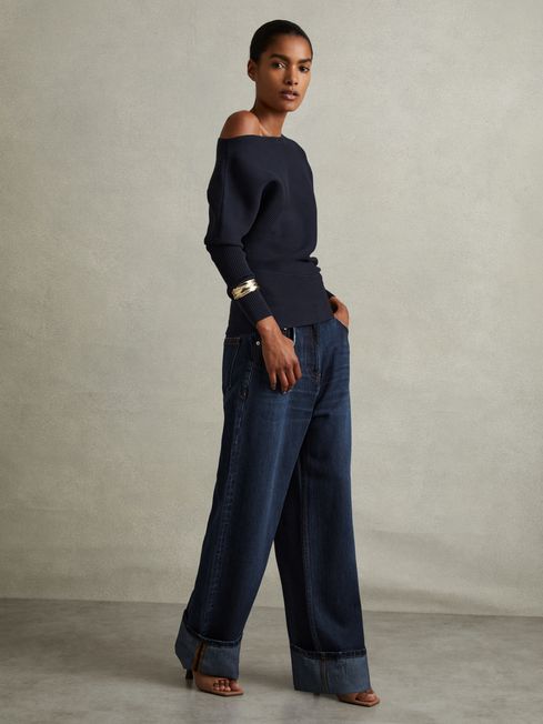Reiss Navy Lorna Asymmetric Draped Knitted Jumper