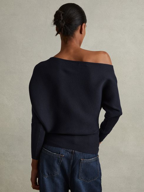 Reiss Navy Lorna Asymmetric Draped Knitted Jumper