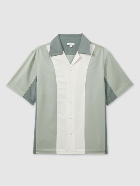Reiss Green Multi Dalorian Colourblock Cuban Collar Shirt