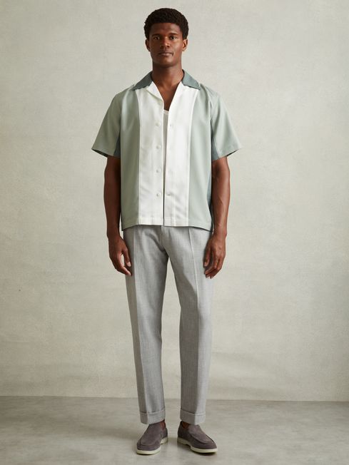Reiss Green Multi Dalorian Colourblock Cuban Collar Shirt