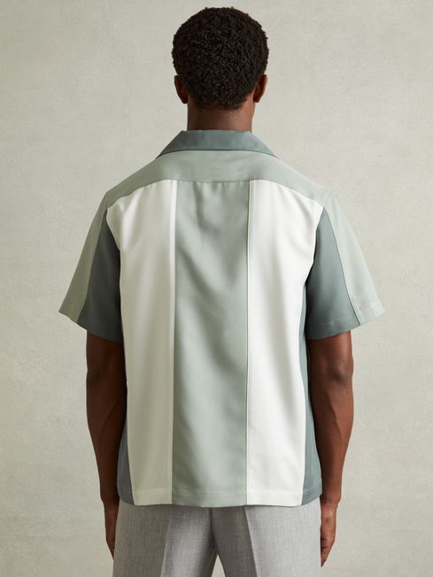 Reiss Green Multi Dalorian Colourblock Cuban Collar Shirt