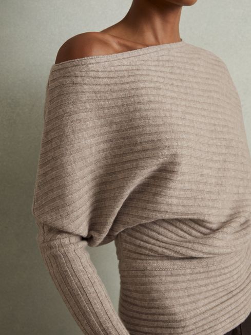 Reiss Neutral Nelly Wool-Cashmere Off-The-Shoulder Draped Jumper