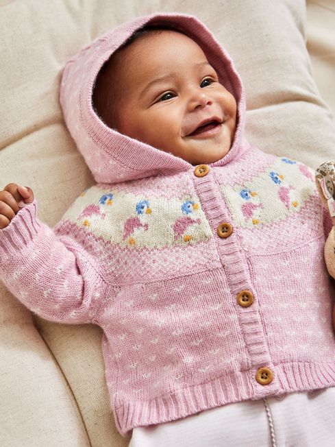 Pink Peter Rabbit Fairisle Pattern Cosy Hooded Baby Cardigan