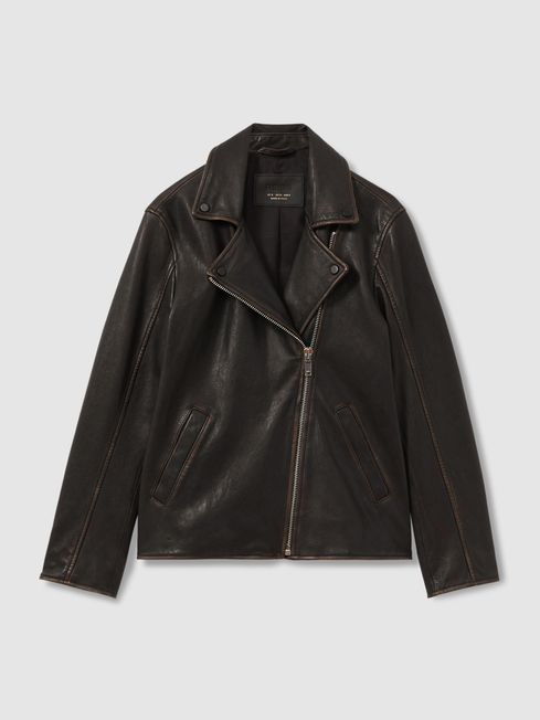 Reiss Black Beau Relaxed Leather Biker Jacket