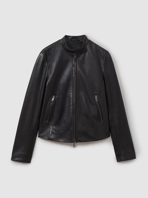 Darby Black Leather Zip Front Biker Jacket REISS USA